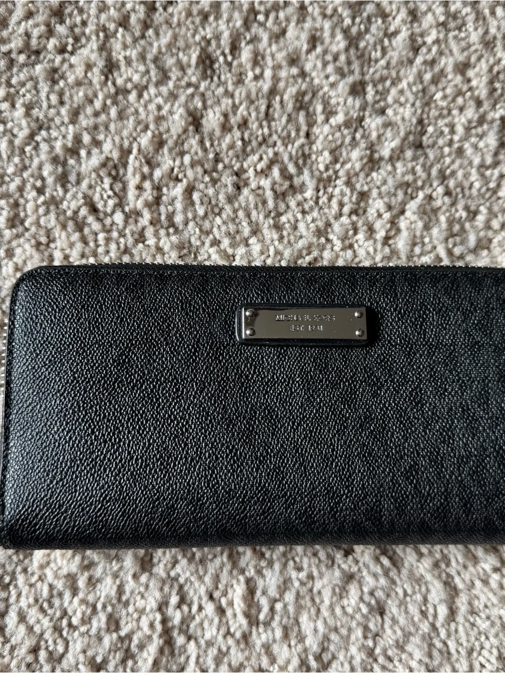 Michael Kors Black Textured Zip-Around Wallet with Silver Plaque